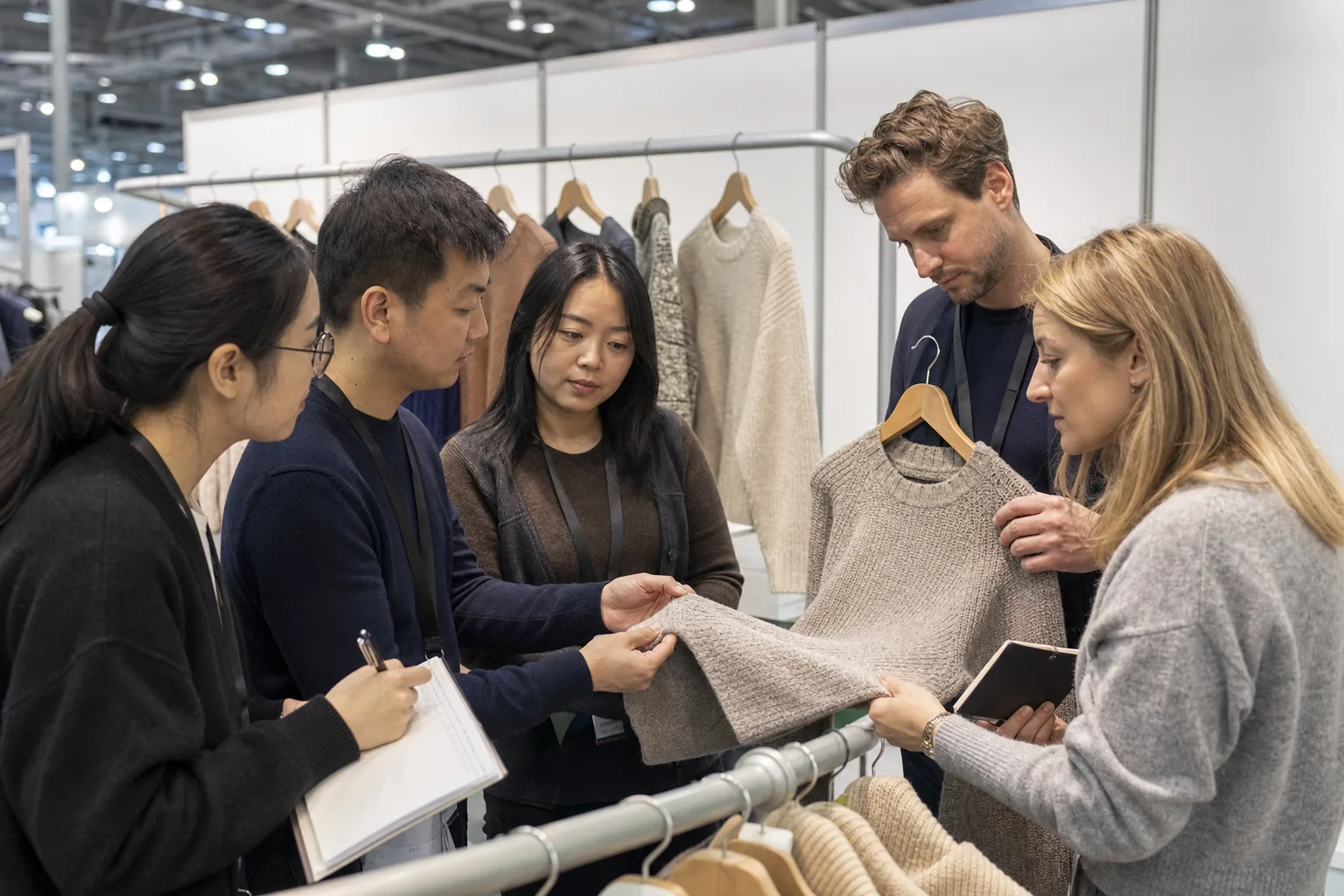 Fachgespräch über Strickmuster und Pullover an einem internationalen Textilmesse-Stand
