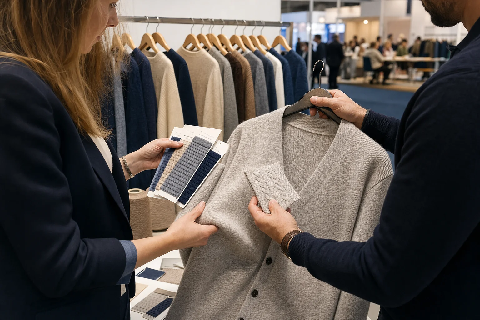 Einkäufer vergleichen einen Cardigan mit Farb- und Strickmustern an einem Textilmesse-Stand