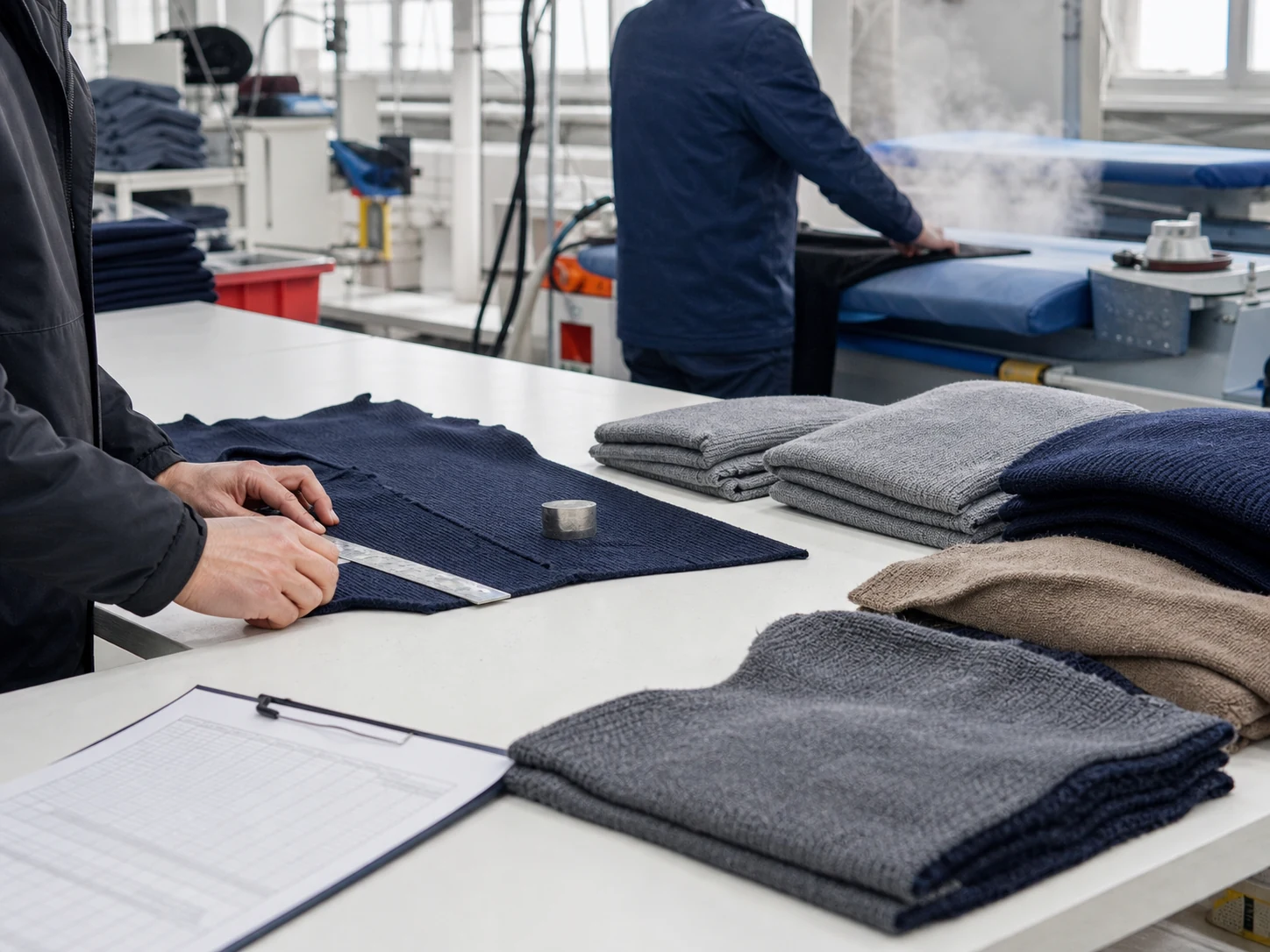 Maßkontrolle und Finish von Strickteilen an einem Arbeitstisch