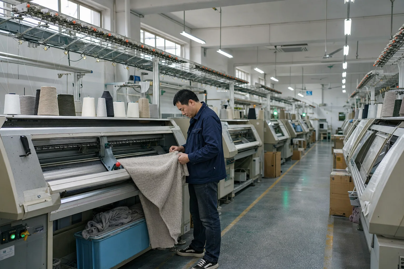 Techniker an computergesteuerten Flachstrickmaschinen