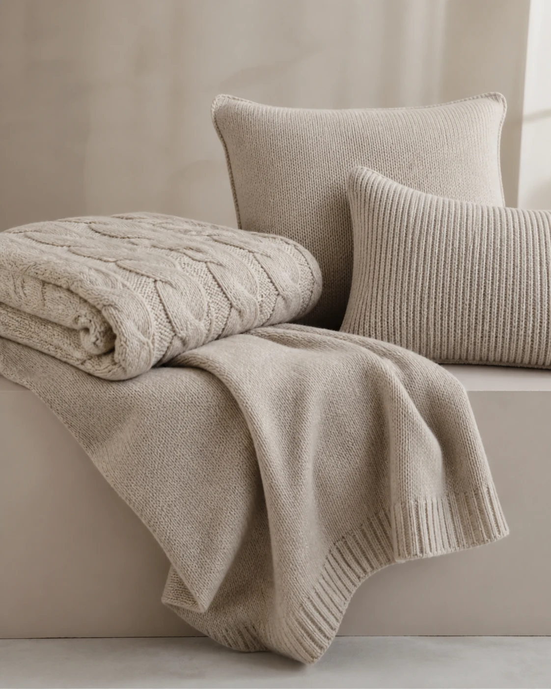 Gestrickte Decke und Kissen in einem ruhigen Interieur