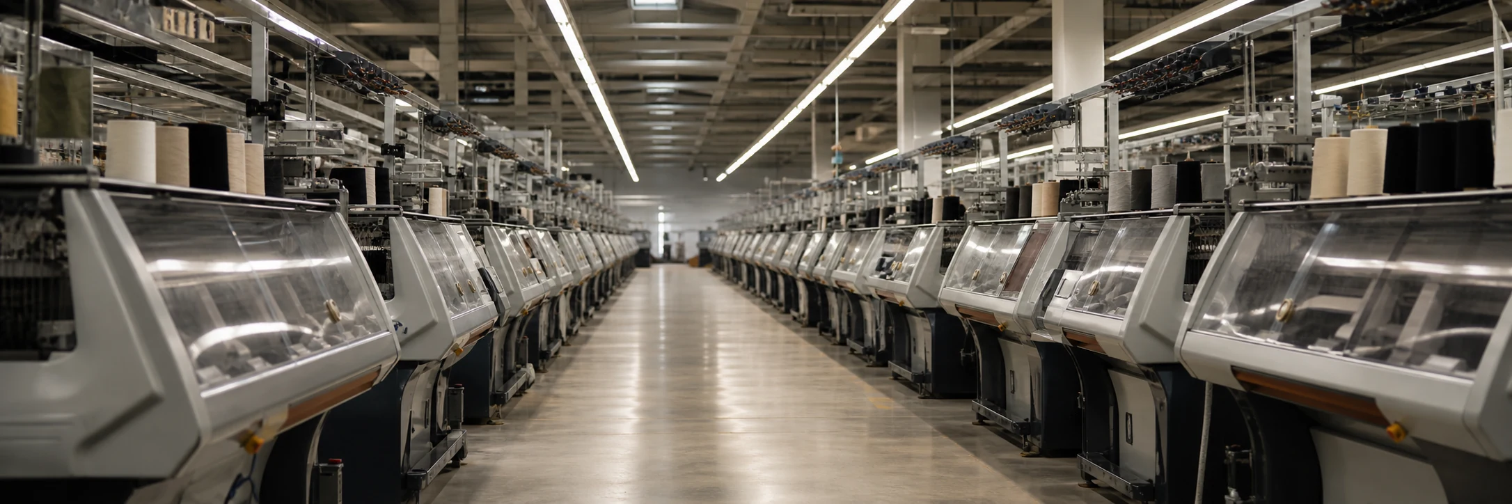 Moderner Produktionsbereich mit computergesteuerten Flachstrickmaschinen