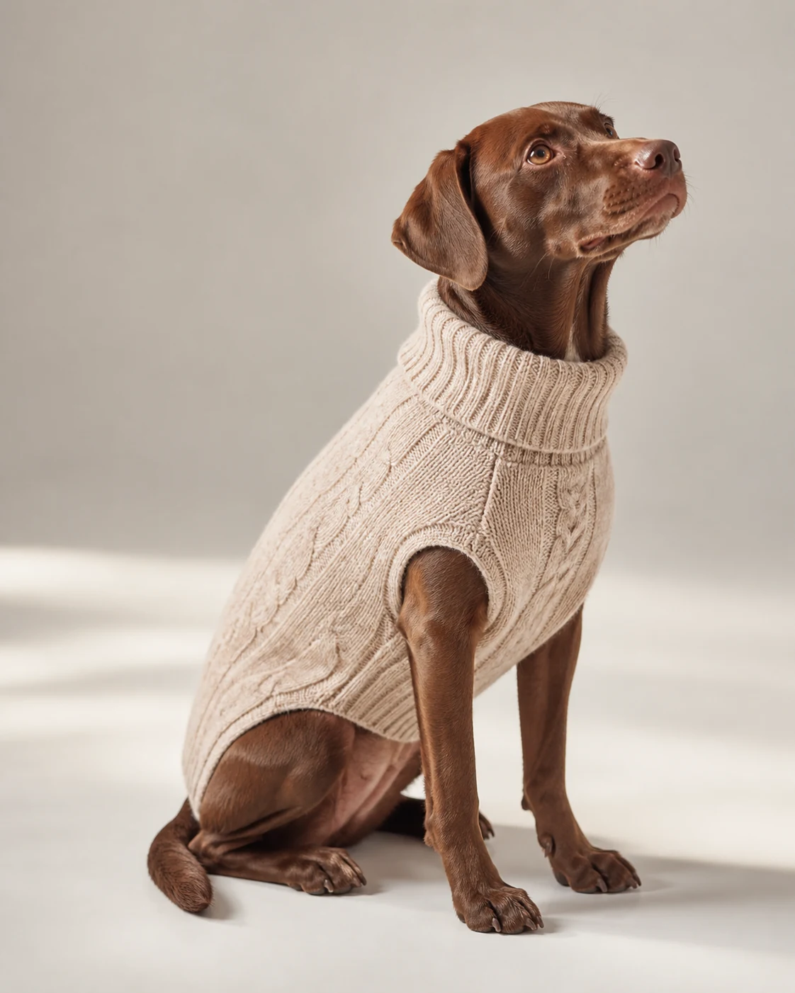 Hund in einem gestrickten Zopfmuster-Pullover