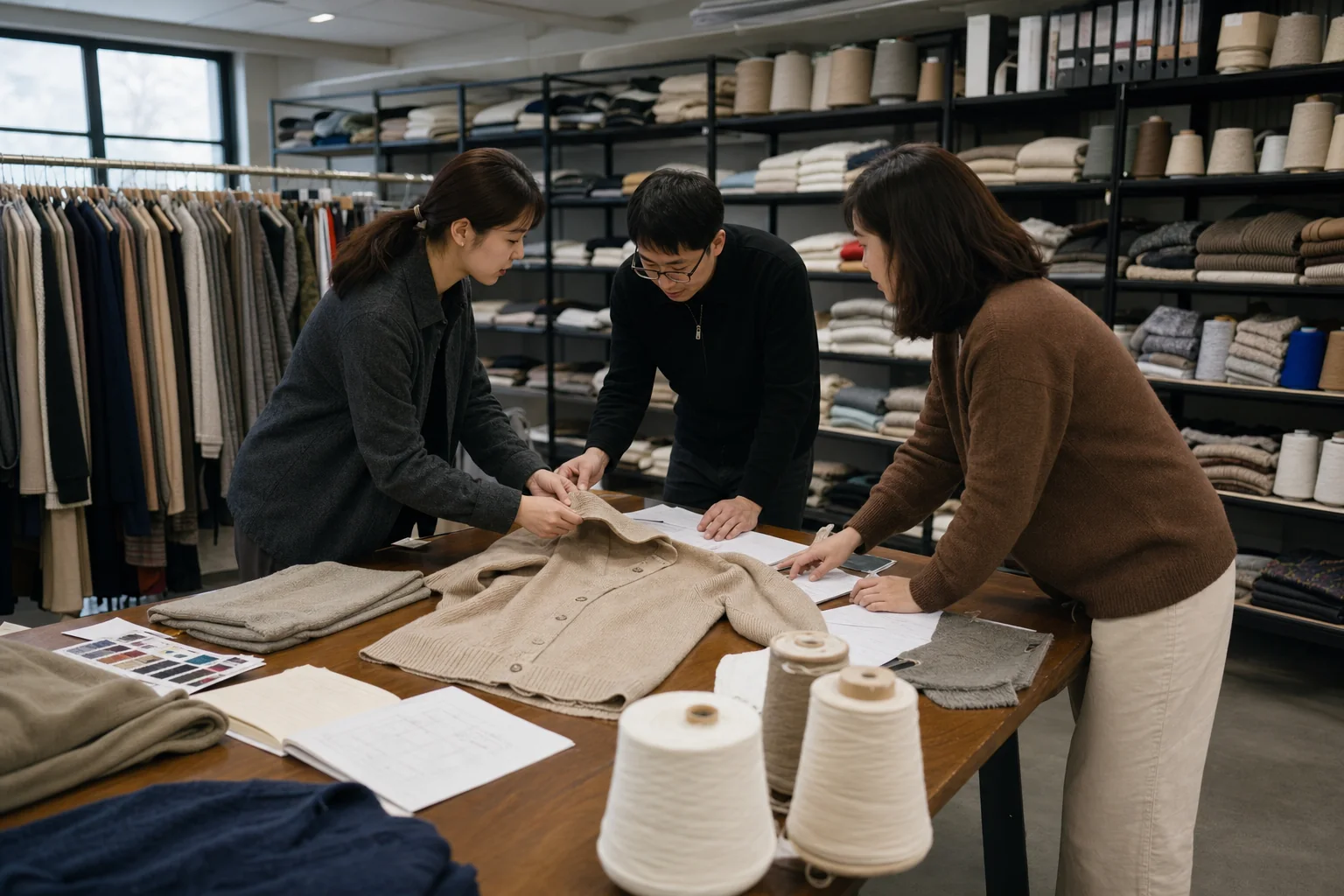 Besprechung eines Strickwarenmusters mit Garnen und technischen Unterlagen